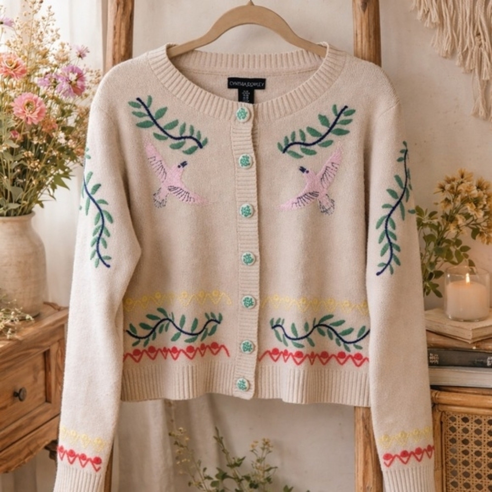 Cynthia Rowley Bird Retro Embroidered Cardigan Folk Xs Small